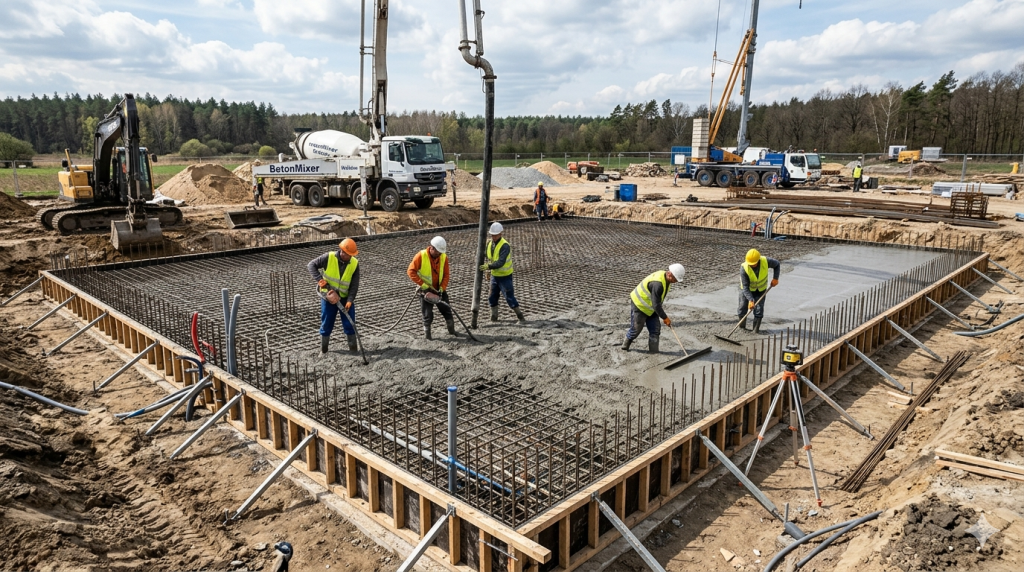 Obraz przedstawia plac budowy w pełnym słońcu, na którym trwają intensywne prace nad wylewaniem betonowej płyty fundamentowej pod budynek mieszkalny lub komercyjny