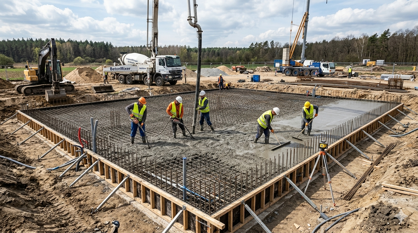 Obraz przedstawia plac budowy w pełnym słońcu, na którym trwają intensywne prace nad wylewaniem betonowej płyty fundamentowej pod budynek mieszkalny lub komercyjny