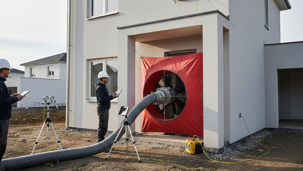 Obraz przedstawia realistyczną scenę testu szczelności typu Blower Door, wykonywanego na nowo wybudowanym, dwupiętrowym domu jednorodzinnym o nowoczesnej architekturze